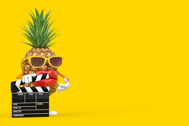 Foto divertido personaje de dibujos animados de moda hipster cut mascota de personaje de persona de piña con tablero de chapaleta de película sobre un fondo amarillo. representación 3d