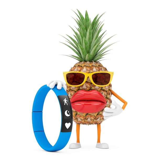 Foto divertido personaje de dibujos animados de moda hipster cut piña persona personaje mascota con rastreador de fitness azul sobre un fondo blanco. representación 3d