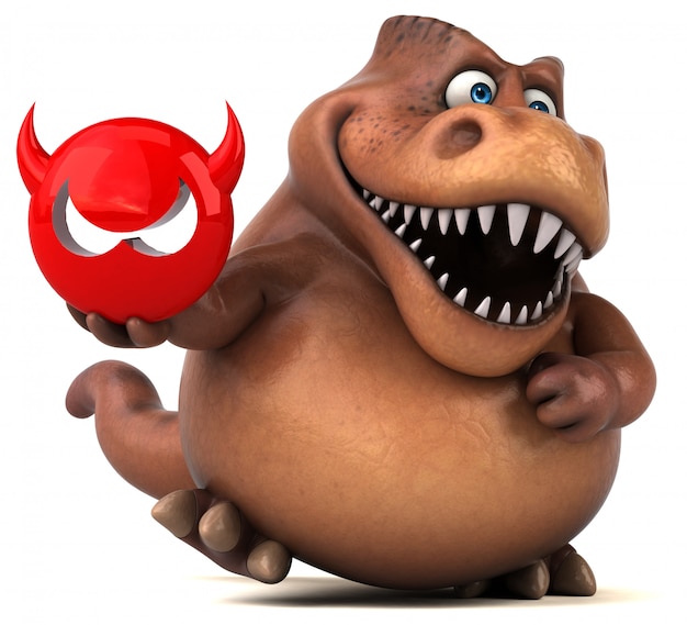 Divertido personaje de dinosaurio 3d con un icono de diablo