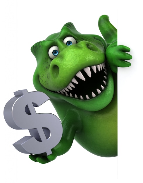 Divertido personaje de dinosaurio 3d con un signo de dólar