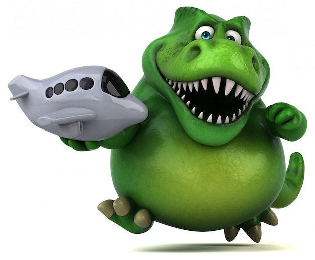 Divertido personaje de dinosaurio 3d sosteniendo un avión de juguete