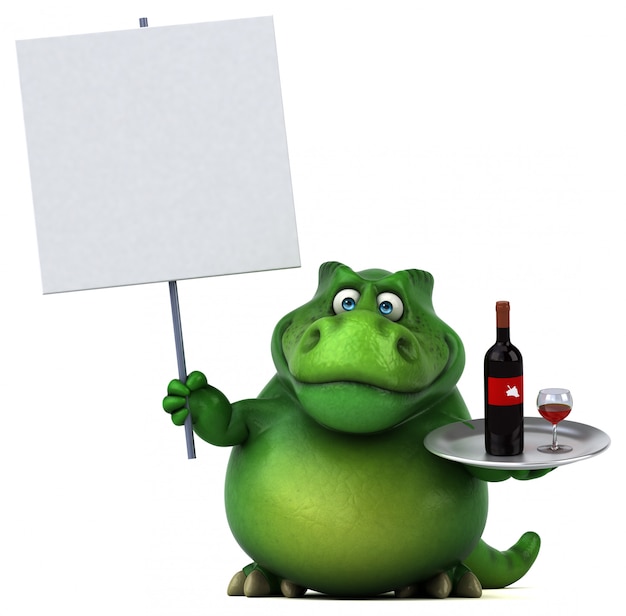 Divertido personaje de dinosaurio 3d sosteniendo un cartel y una bandeja con botella de vino