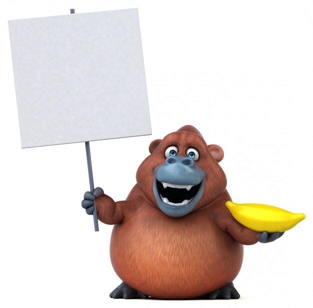 Divertido personaje de gorila 3d sosteniendo una pancarta y un plátano