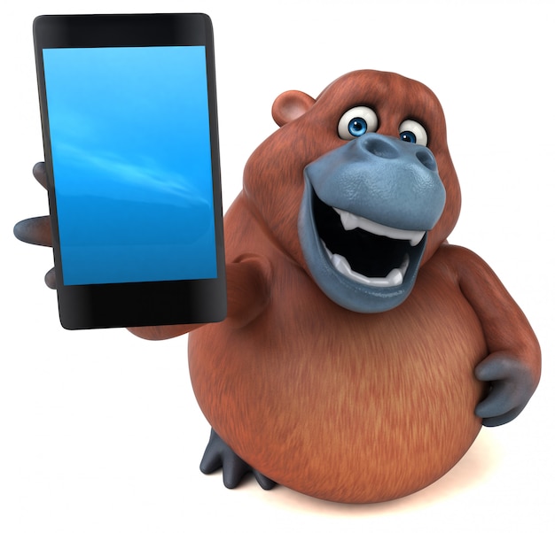 Divertido personaje de gorila 3d sosteniendo un teléfono