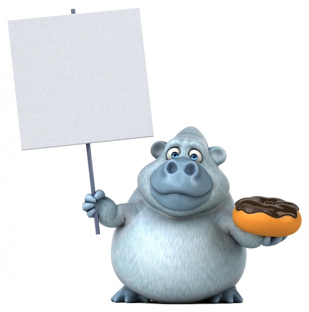 Divertido personaje gorila gordo 3d sosteniendo un cartel y una rosquilla