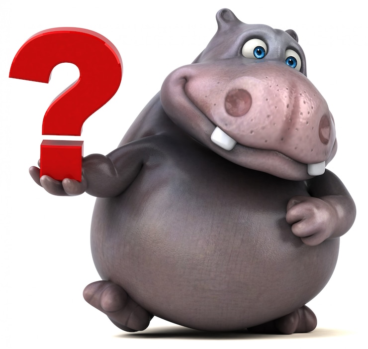 Foto divertido personaje de hipopótamo 3d con un signo de interrogación