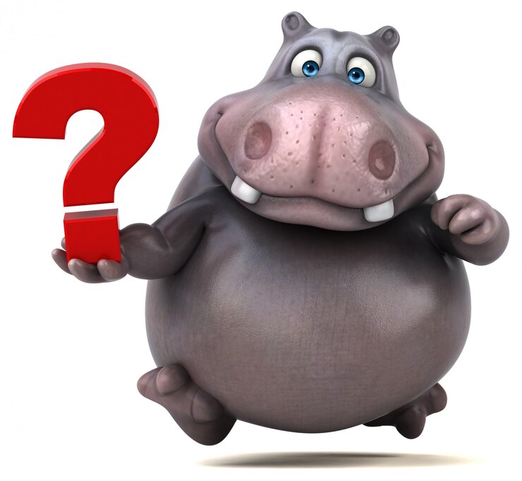 Foto divertido personaje de hipopótamo 3d con un signo de interrogación