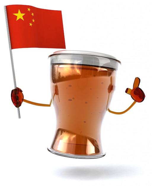 Divertido personaje ilustrado de cerveza sosteniendo la bandera de china