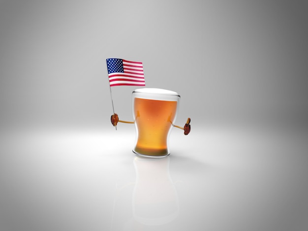 Divertido personaje ilustrado de cerveza sosteniendo la bandera de Estados Unidos de América