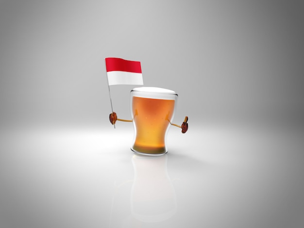 Divertido personaje ilustrado de cerveza sosteniendo la bandera de indonesia