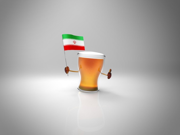 Divertido personaje ilustrado de cerveza sosteniendo la bandera de Irán