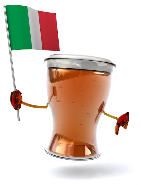 Divertido personaje ilustrado de cerveza sosteniendo la bandera de italia