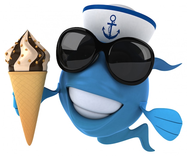 Divertido pescado azul ilustrado sosteniendo un helado