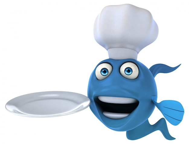 Divertido pescado azul ilustrado sosteniendo un plato vacío