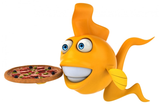 Foto divertido pescado ilustrado sosteniendo una pizza