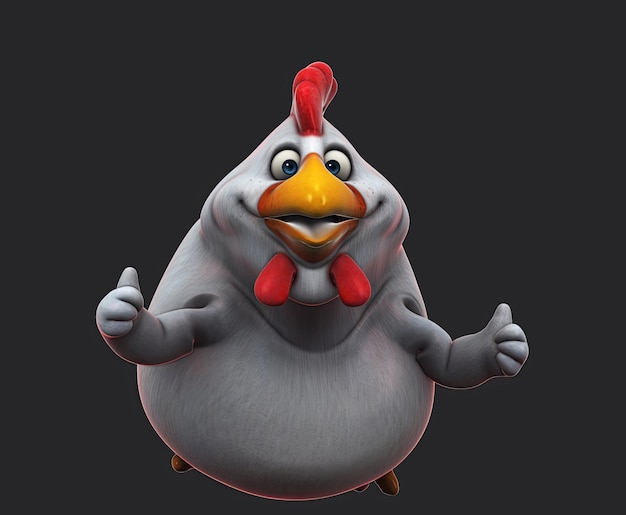 Divertido pollo de dibujos animados en 3D con los pulgares arriba y abajo