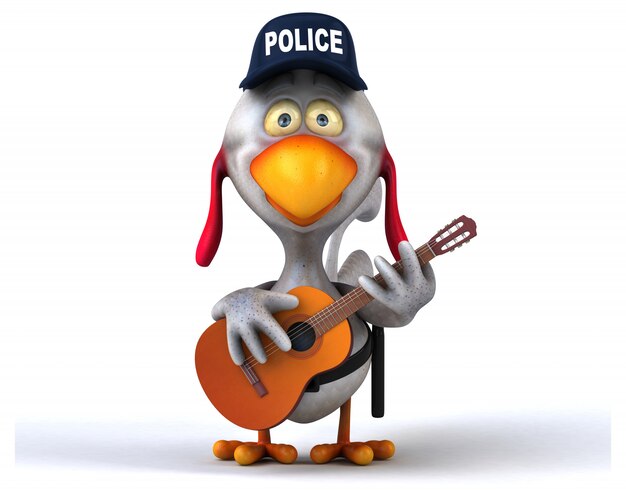 Divertido pollo ilustrado con sombrero de policía tocando la guitarra