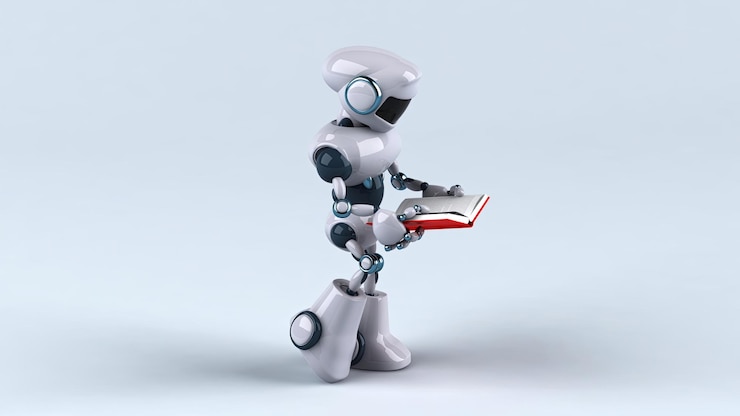 Foto divertido robot 3d caminando y leyendo un libro
