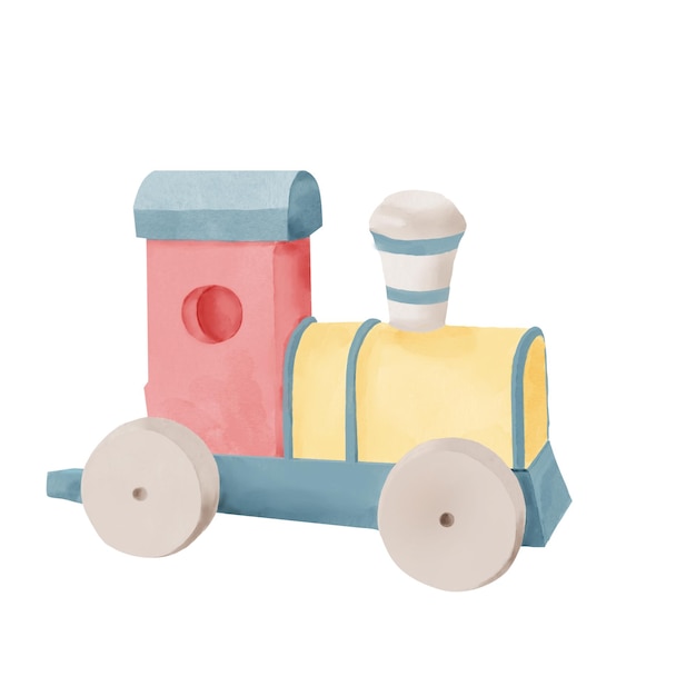 Un divertido tren de vapor para niños con un tubo en ruedas para jugar al ferrocarril y a la acuarela del conductor del tren