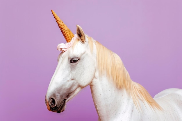 Foto divertido unicornio aspirante a caballo blanco con un cono de helado en lugar de un cuerno y helado de fresa en el rostro fondo pastel