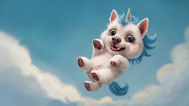 Divertido unicornio pequeño perro blanco en azul
