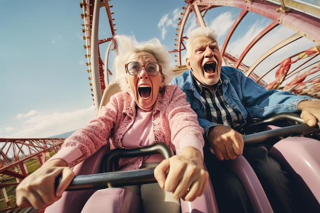 Divertidos ancianos geniales locos abuelos jubilados juntos montando en montaña rusa