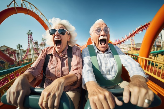 Divertidos ancianos geniales locos abuelos jubilados juntos montando en montaña rusa