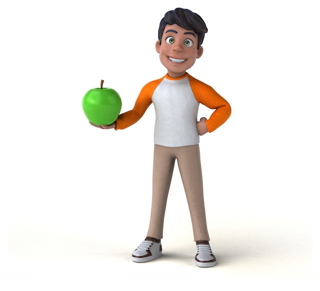 Divertidos dibujos animados 3D adolescente asiático con manzana