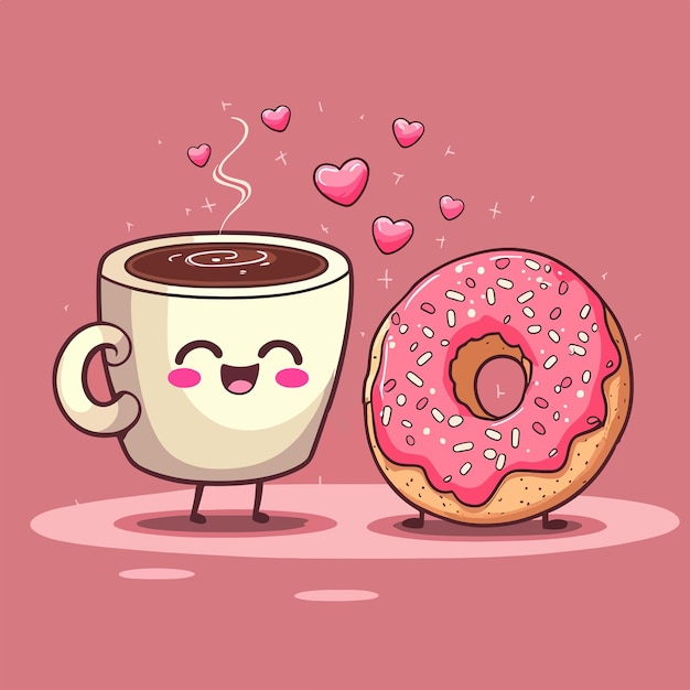 Divertidos personajes de dibujos animados café y donut enamorados