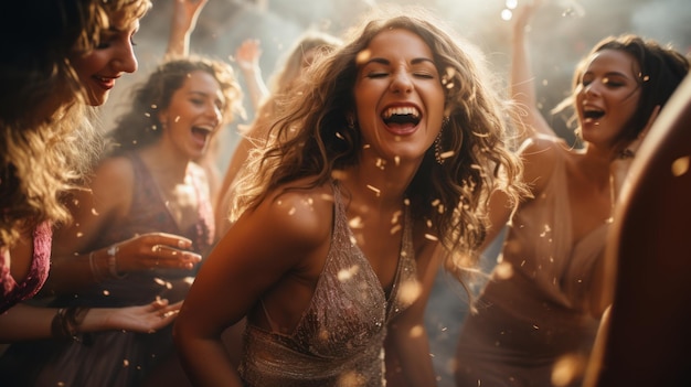 Divertirse de fiesta Grupo de mujeres jóvenes felices y hermosas bailando bebiendo champán