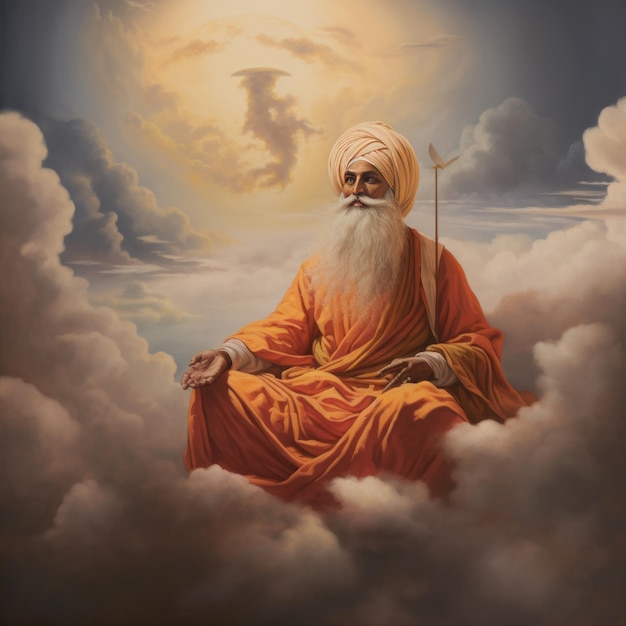Foto la divinidad de guru nanak dev ji se elevó en el cielo