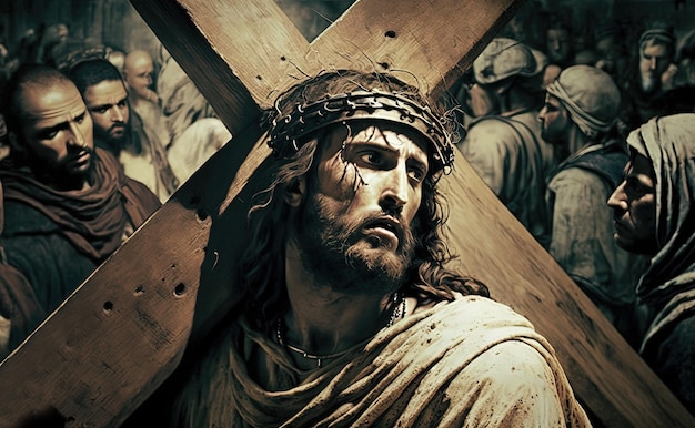 Foto divino sacrifício jesus carregando a cruz ao calvário generative ai