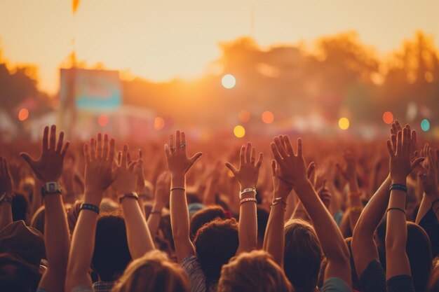 Foto divirtiendo la atmósfera un público con las manos levantadas en un festival al aire libre