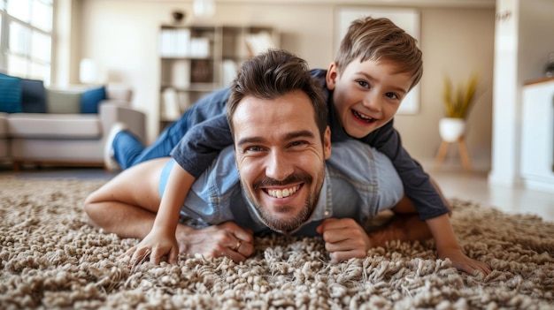 Divirtiéndose con el padre y el hijo mientras yacen en el suelo el padre llevando al niño en la espalda y sonriendo a la cámara mientras pasan tiempo juntos en casa concepto de padre soltero