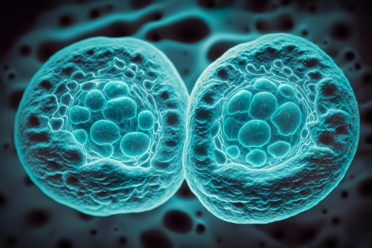 Foto divisão de células-tronco embrionárias células humanas sob microscópio conceito in vitro generative ai