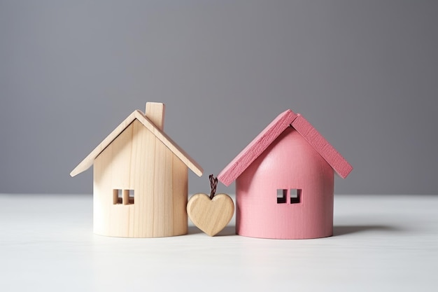 Divorcio división de la propiedad pobreza casa de madera rota en fondo claro AI generado