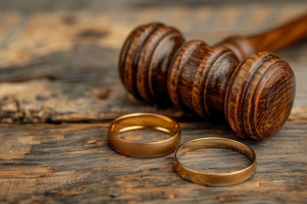 Foto divórcio fundo anéis de casamento com juízes martelo