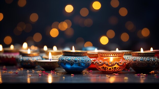 Diwali Deepavali ist das wichtigste indische Urlaubsfest ein Lichtfest, das den Sieg des Lichts über die Dunkelheit symbolisiert Kerzen Lampen farbenfrohe Banner Copyspace Poster Gruß Hintergrund