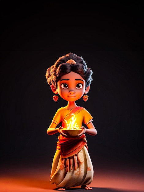 Diwali Deepavali ou Dipavali festival de luzes índia com uma garota de desenho animado índia segurando panela de fogo