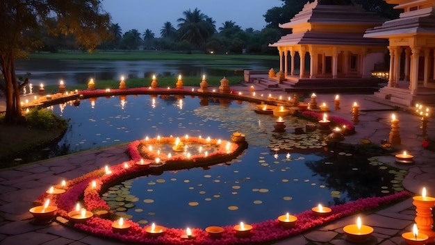 Diwali-Dekoration mit Diya-Lampe mit Blick auf die Natur wie Teich und Tempel