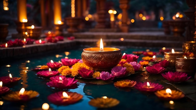 Diwali-Dekoration mit Diya-Lampe mit Blick auf die Natur wie Teich und Tempel