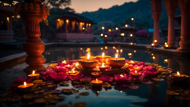 Diwali-Dekoration mit Diya-Lampe mit Blick auf die Natur wie Teich und Tempel