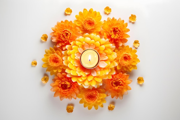 Diwali-Diya-Arrangement mit Ringelblumenblüten