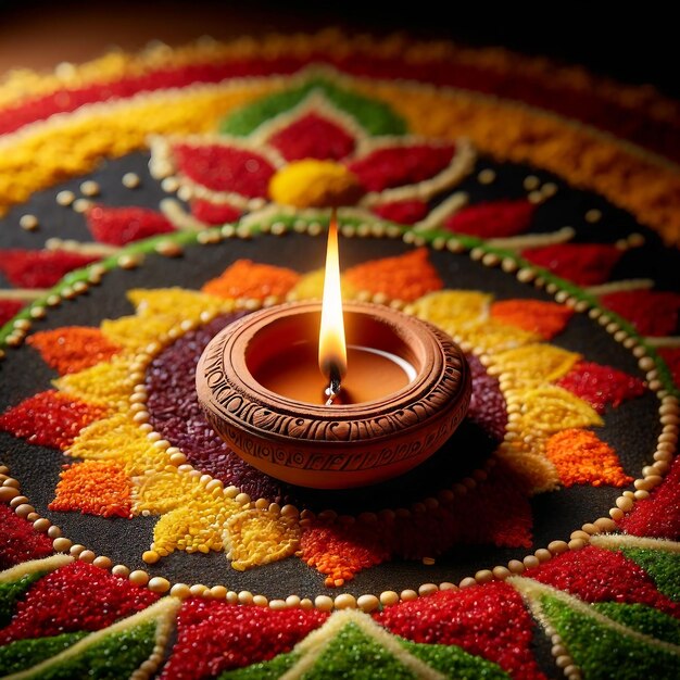 Foto diwali diya en el colorido rangoli