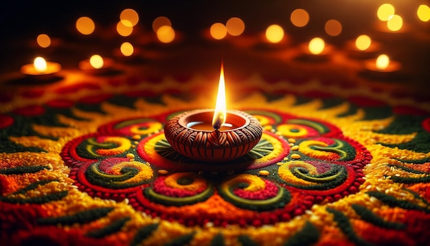 Foto diwali diya en el colorido rangoli