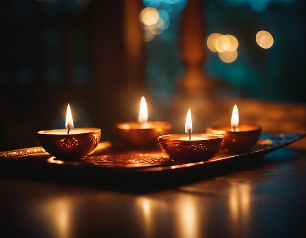 Diwali diyas o lámpara de arcilla contra luces borrosas Foto generada por IA