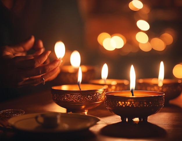 Diwali diyas ou lâmpada de argila contra luzes borradas Foto gerada por IA