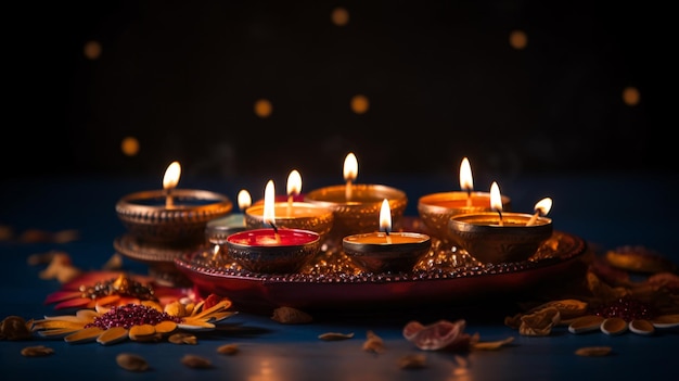 Diwali Diyas ou lâmpadas de argila em fundo escuro