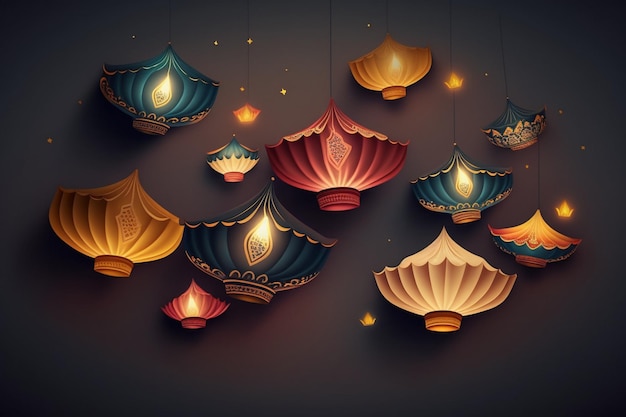 Diwali feliz ou festival indiano tradicional deepavali com lâmpada ou lanterna do céu festival hindu indiano