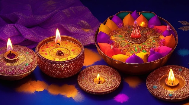 Diwali-Festival-Foto, das die Nacht mit Diyas und Rangoli erleuchtet